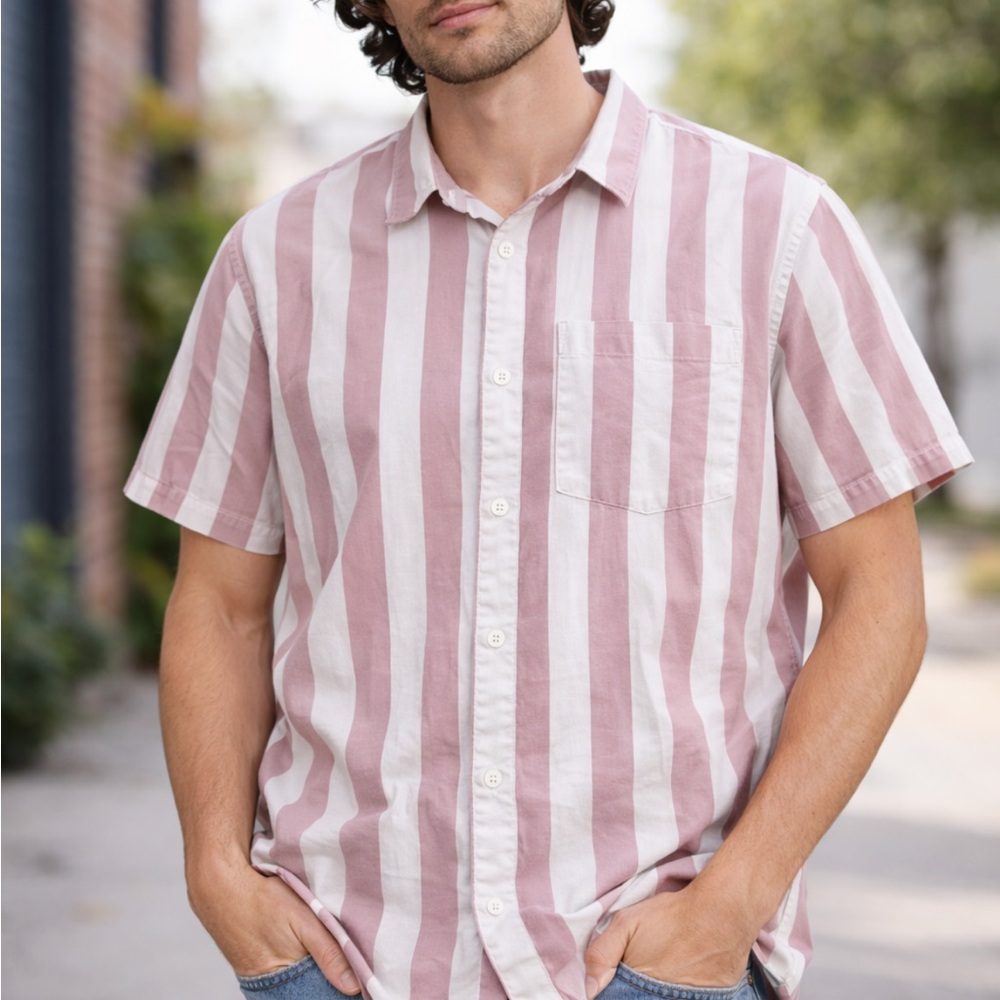 H&M Pink White Striped Button Up Shirt XL Regular Fit Short Sleeve Casual Summer